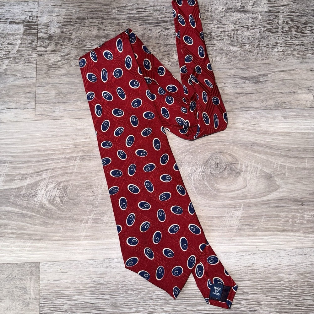 Vintage POLO Ralph Lauren Geometric Necktie 100% Silk Red & White & Blue Tie 56"